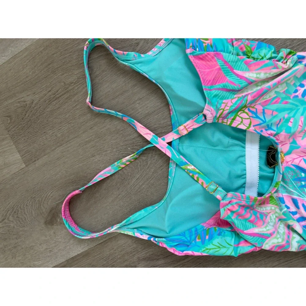 Lilly Pulitzer Tropical Leaf Print One Piece Swimsuit Ruched Pink Teal Blue